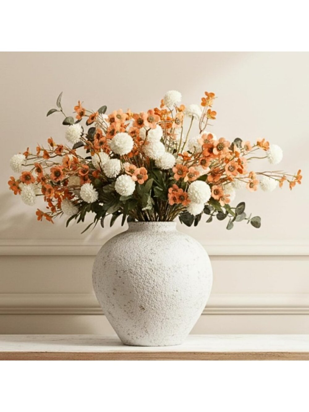 22 Long Stem Faux Silk Flowers - Elegant White & Orange Floral Arrangement